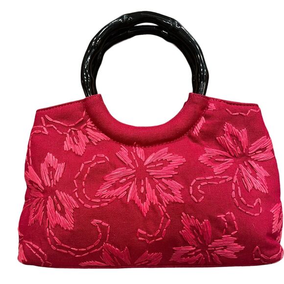 Forever by Fossil Red Floral Embroidered Purse Handbag Bamboo Handle Boho Chic - Picture 1 of 8